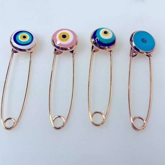 4 PIN SET Evil Eye Pin Gold 18K Plated 🧿 Pins Amulet Stroller Blue Pink El Ojo - Picture 8 of 12